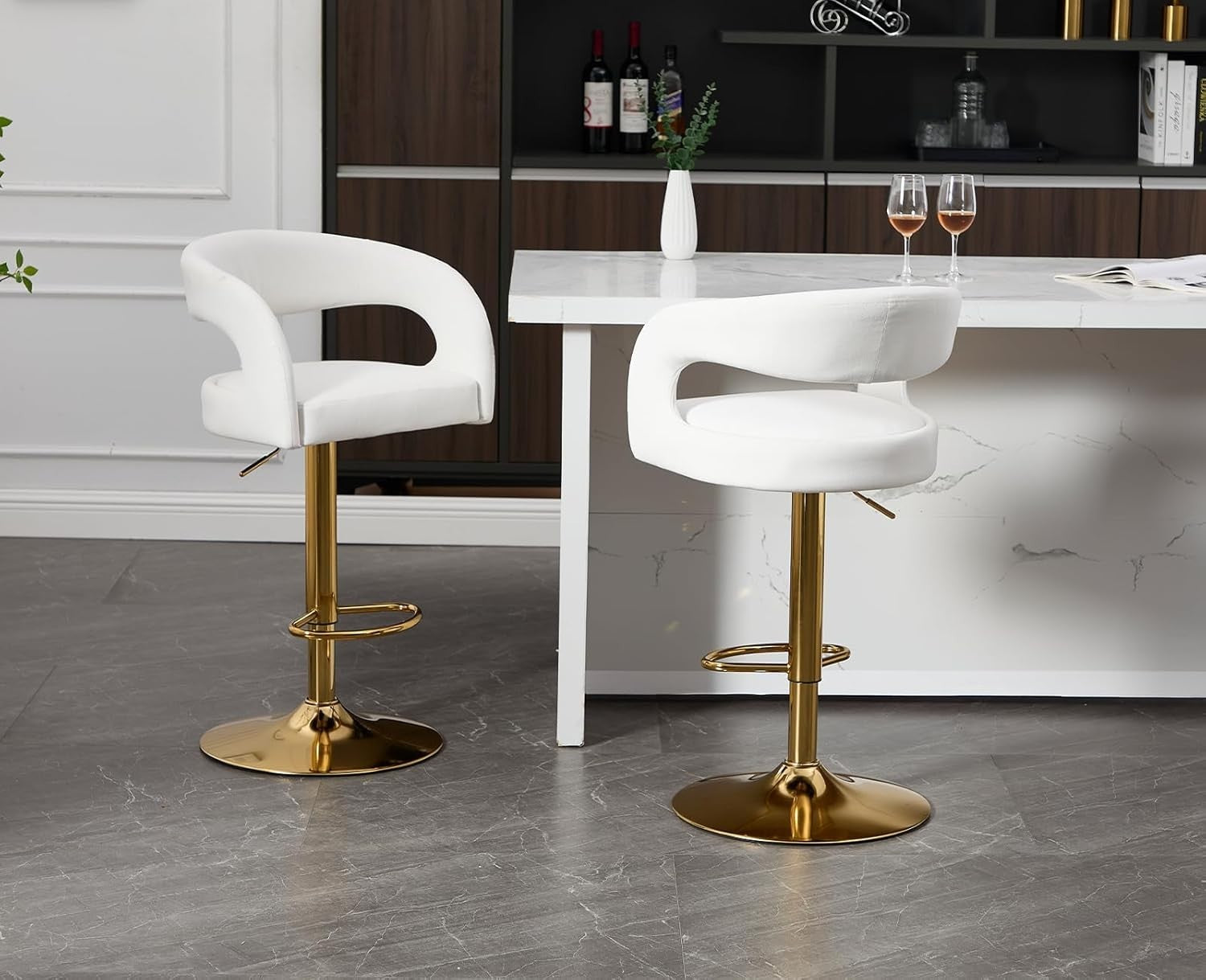 Adjustable White Velvet Bar Stools Set of 2 Swivel Kitchen Counter