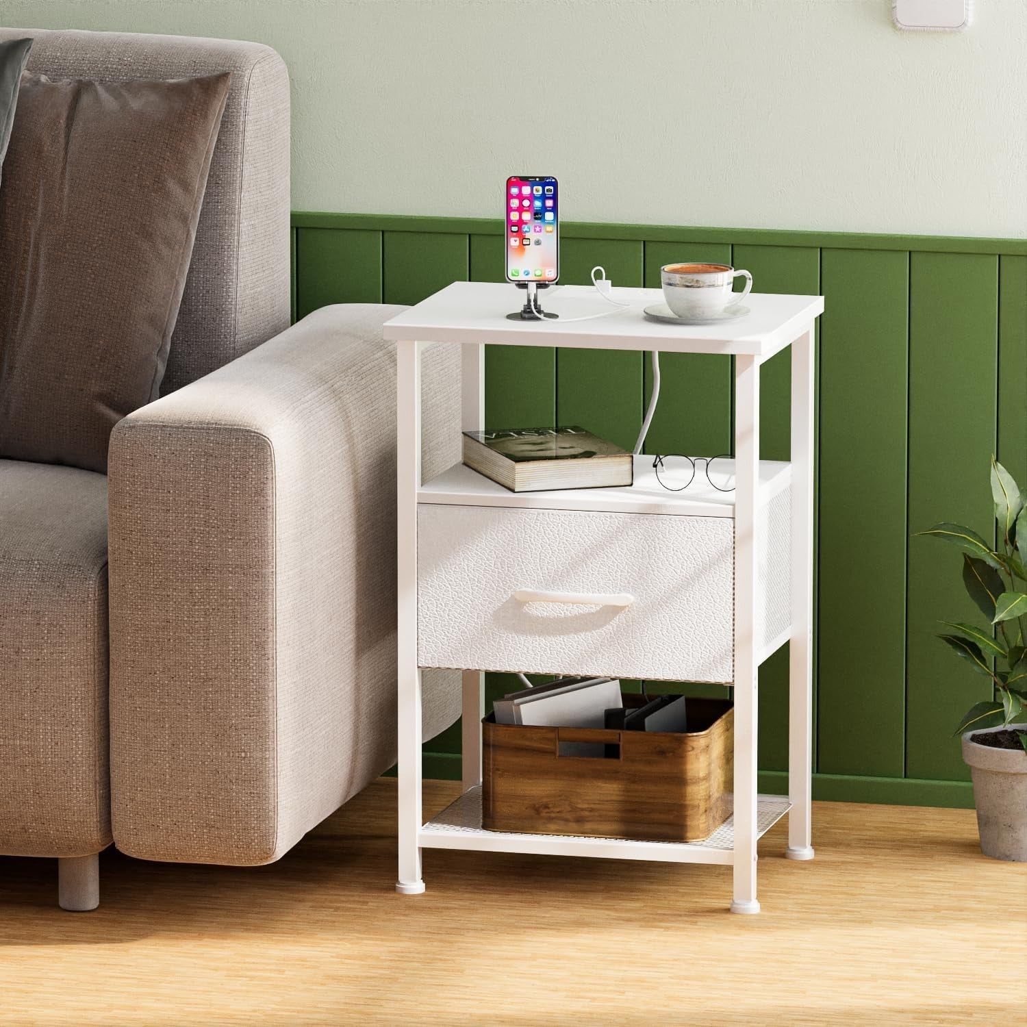 Set of 2 White LED Bedside Tables with Drawer & USB Charging Ports
