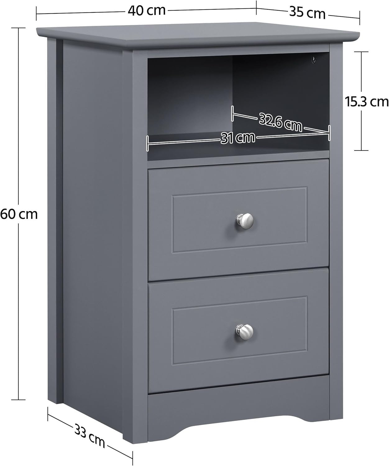 Dark Grey Bedside Table with Drawers & Open Shelf – Modern Wooden Nightstand