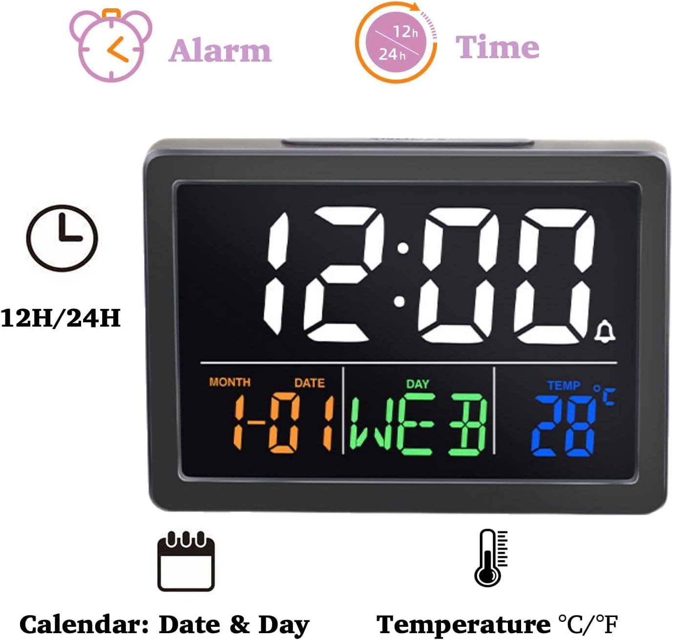 Large LED Digital Alarm Clock 5.5" Display Temperature Calendar Snooze