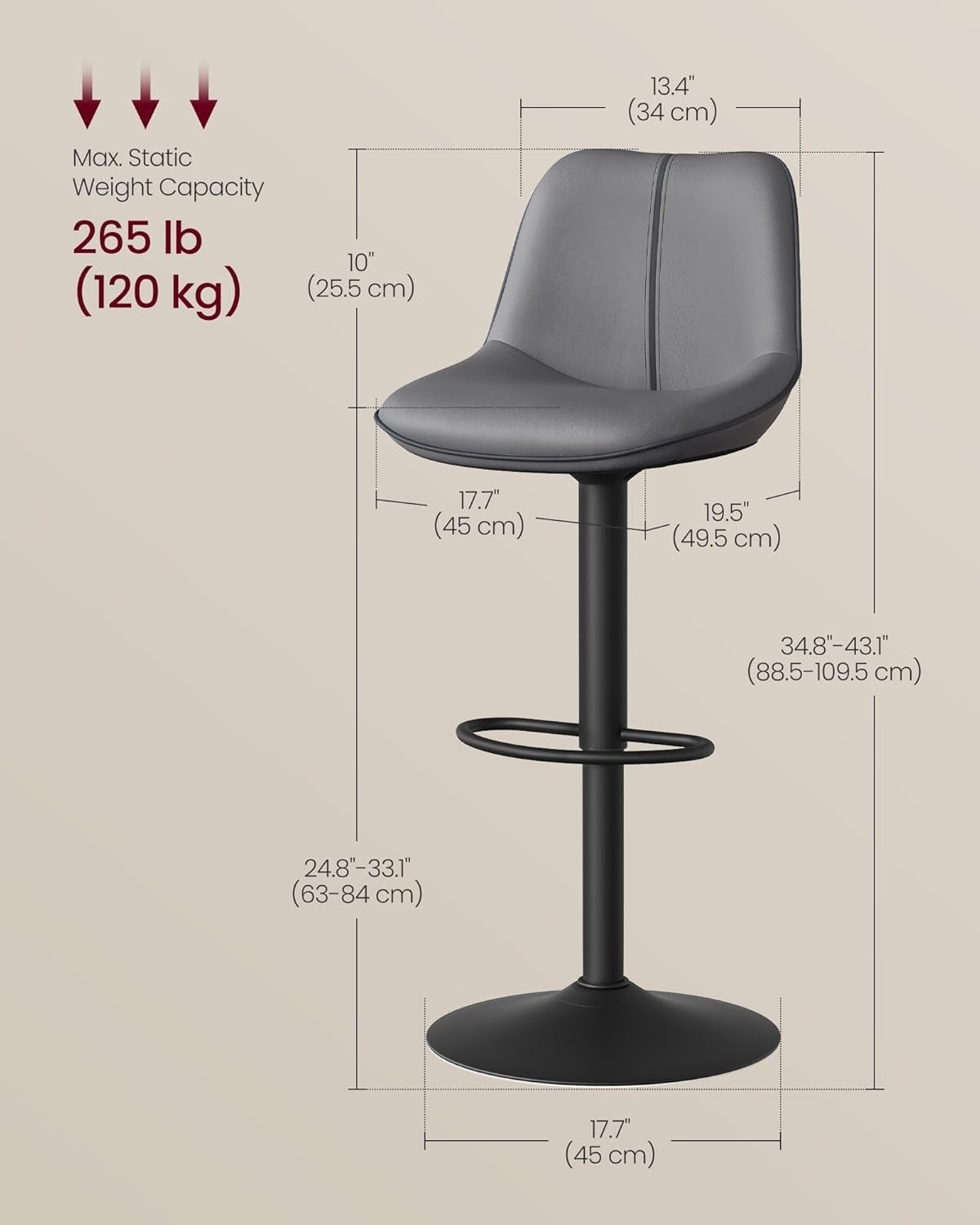 Set of 2 Adjustable Swivel Bar Stools – Slate Grey L-Shape