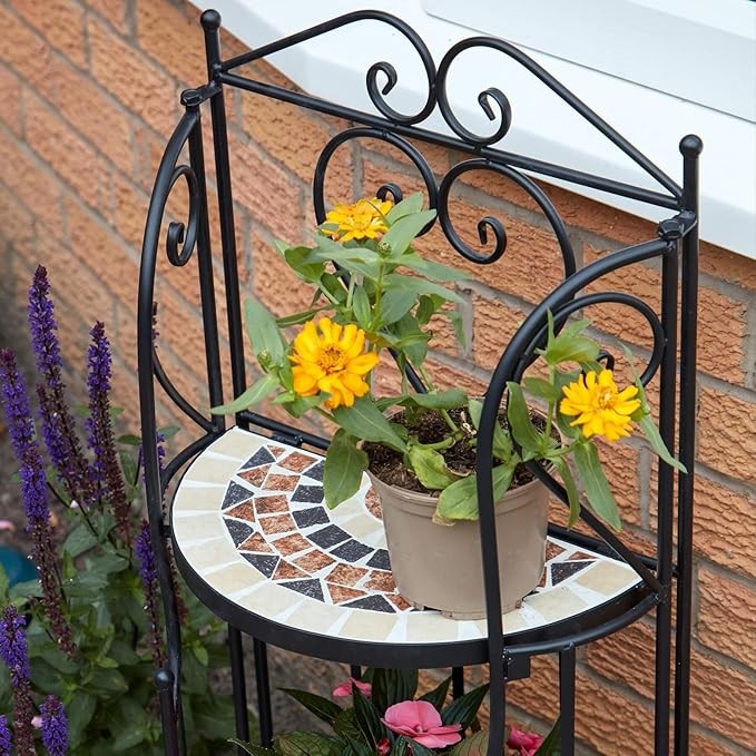 Metal Mosaic Plant Stand Black Garden Flower Display Shelf Indoor Outdoor