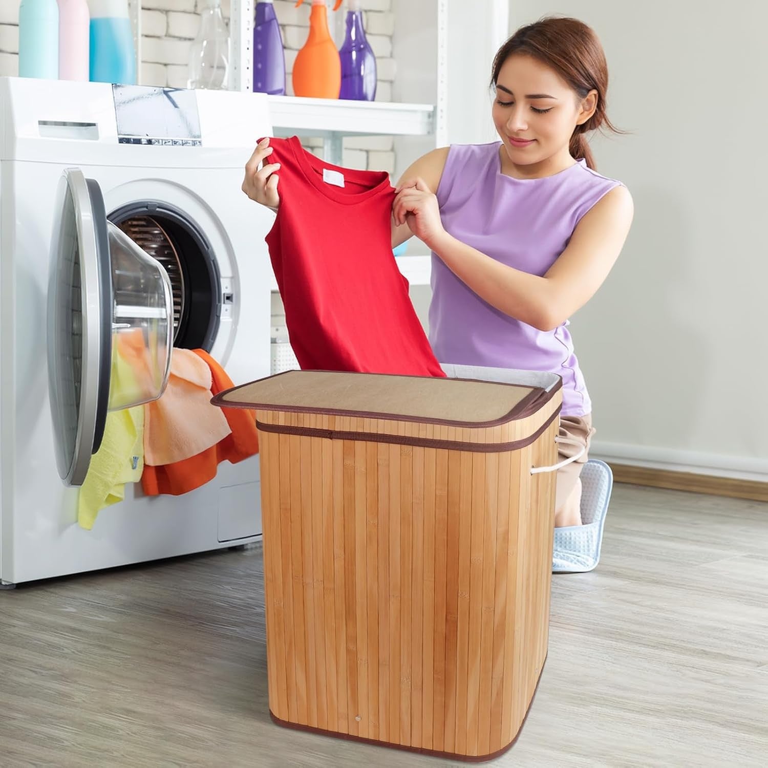Large Bamboo Laundry Hamper with Lid | Foldable Clothes Basket & Removable Liner