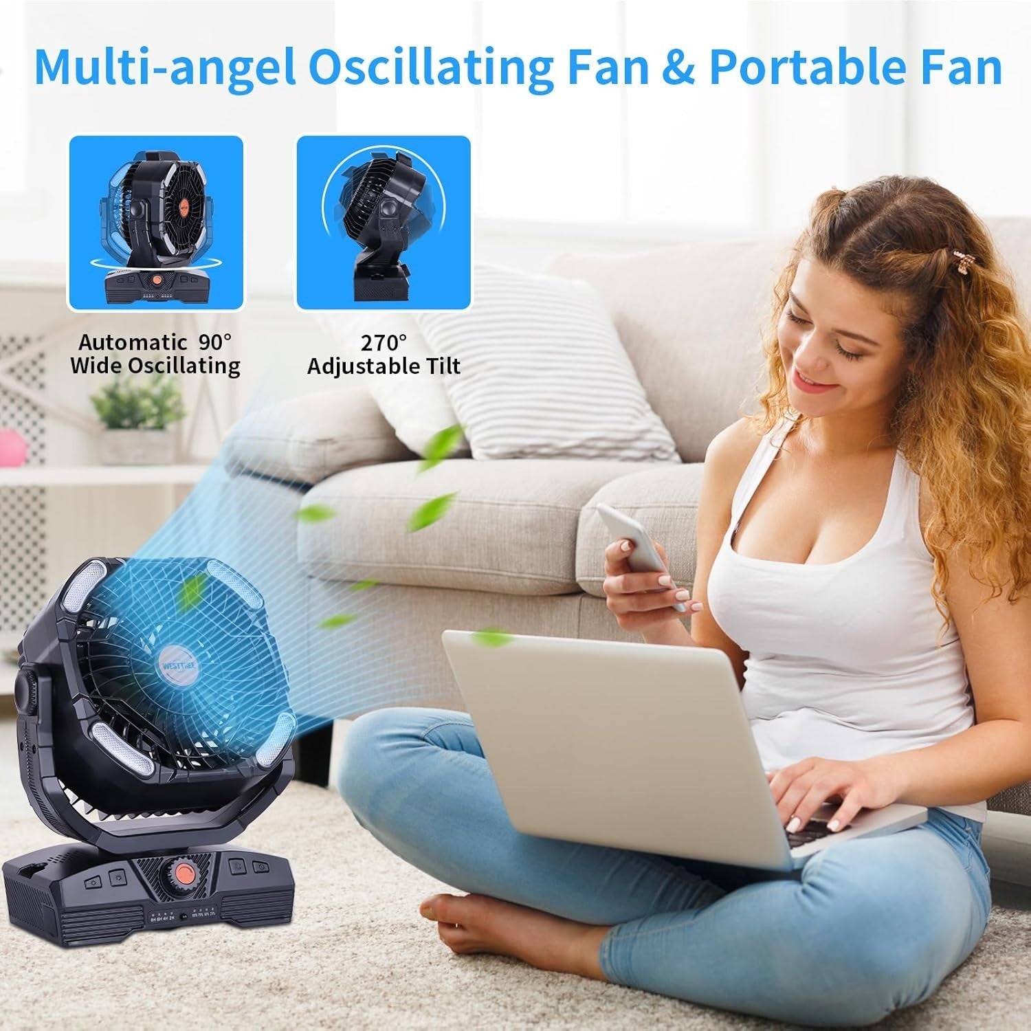 Camping Fan 20000mAh Rechargeable – Portable LED Light Desk Fan w/ Remote Black
