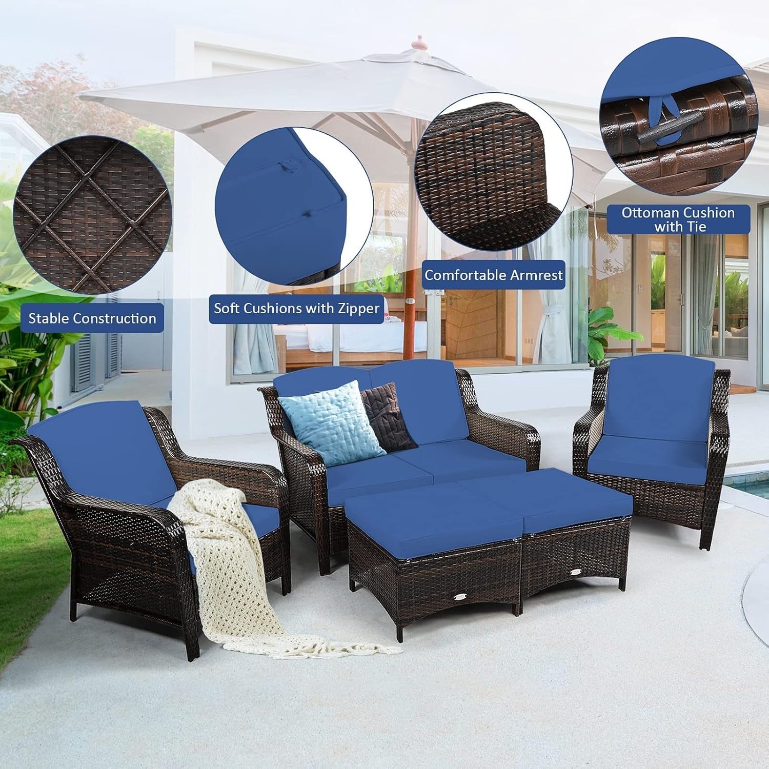 5pc Rattan Garden Sofa Set Navy Blue | Outdoor Patio Seats & Ottomans