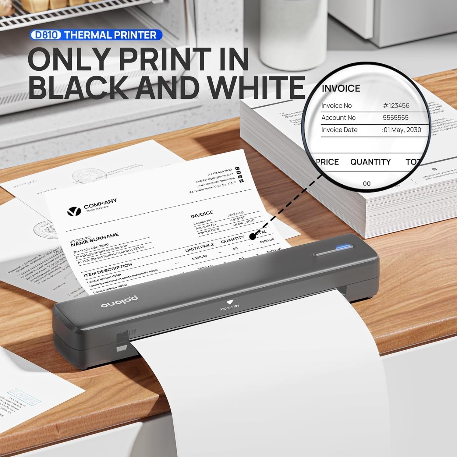Portable Wireless A4 Thermal Printer Bluetooth Inkless Grey Travel Office