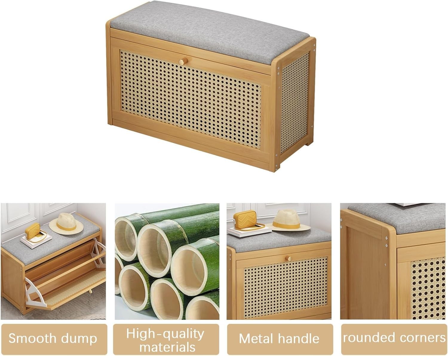 Narrow Shoe Bench 2-Tier Rattan Door Storage Seat Organiser 50cm Entryway