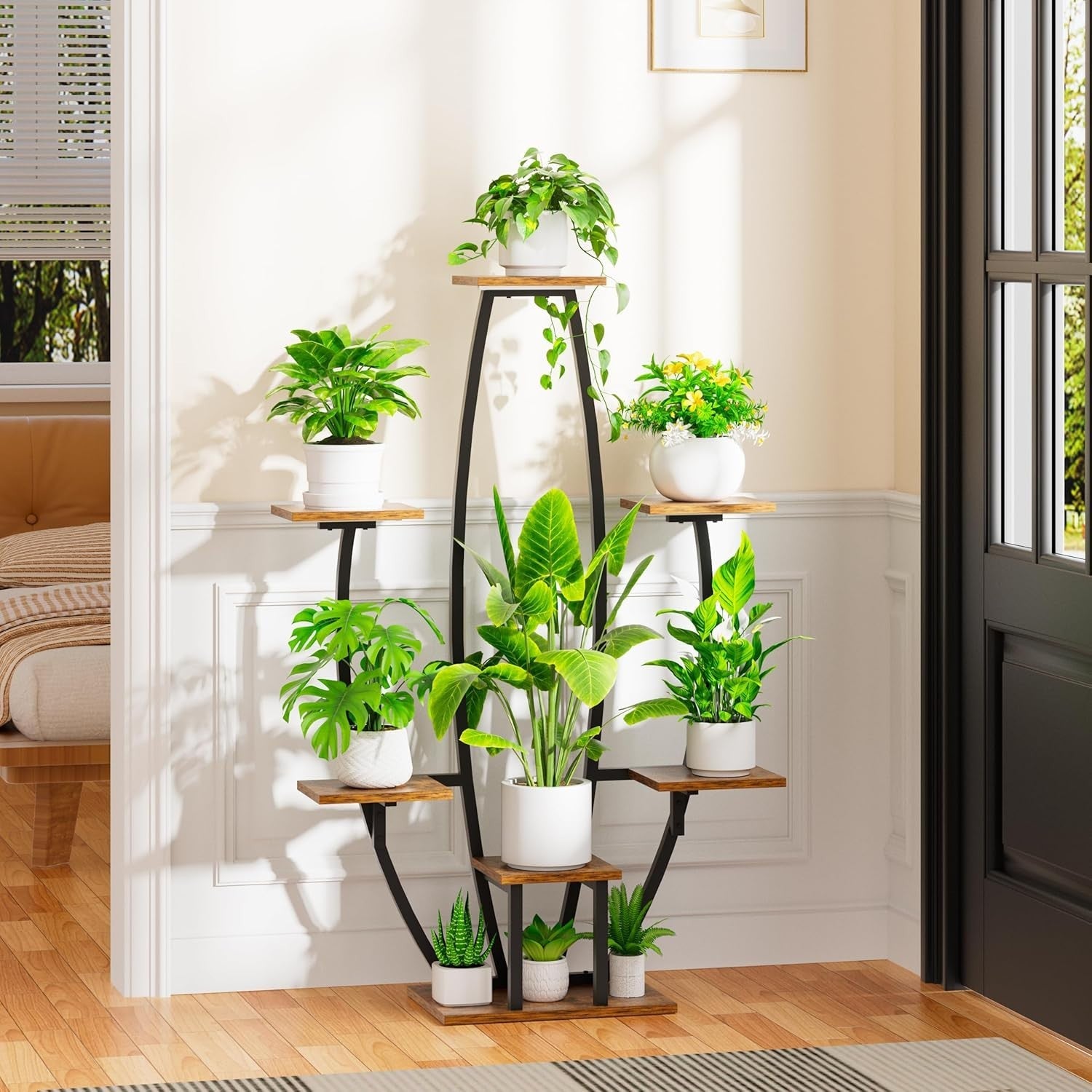 7-Tier Indoor Plant Stand with Grow Lights, Metal Corner Shelf Rack