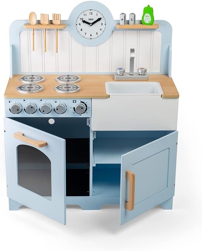 Wooden Kids Play Kitchen Blue w/ Oven Sink Utensils Country Style