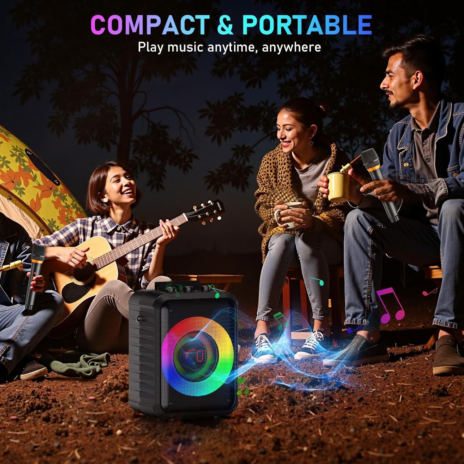 Portable Karaoke Machine 2 Wireless Mics Bluetooth PA DJ Lights
