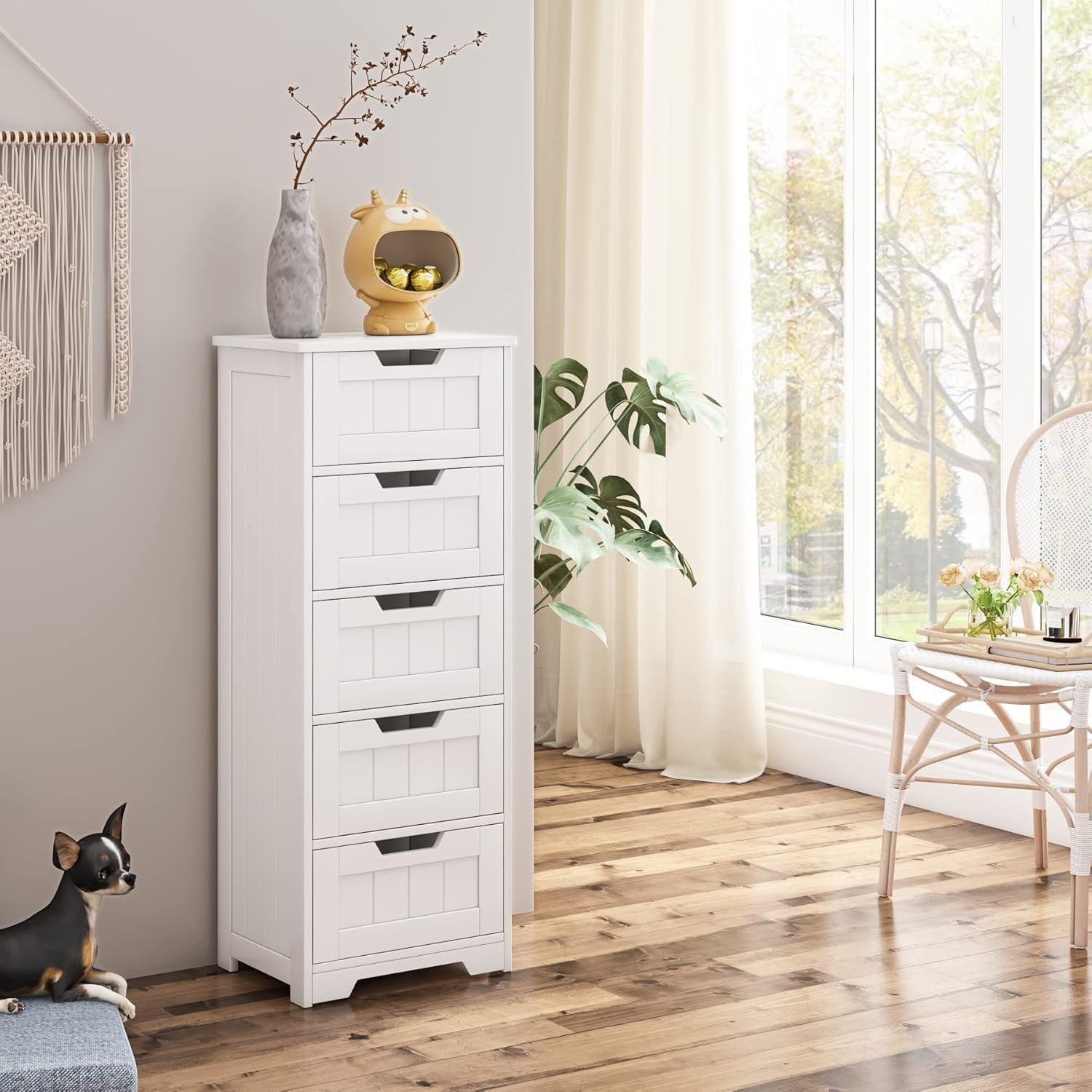5-Drawer White Bathroom Storage Cabinet with Slim Design & Easy Access