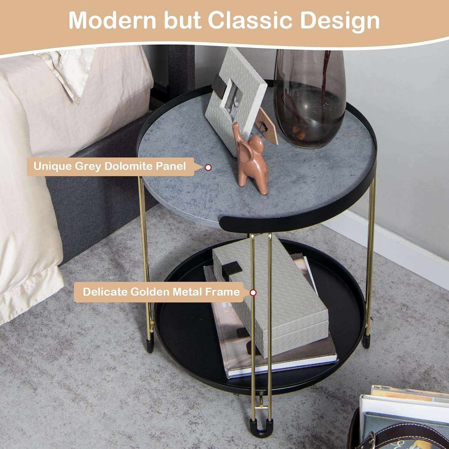 Round Marble Side Table Black Gold | 2-Tier Sofa End Table with Tray & Wheels