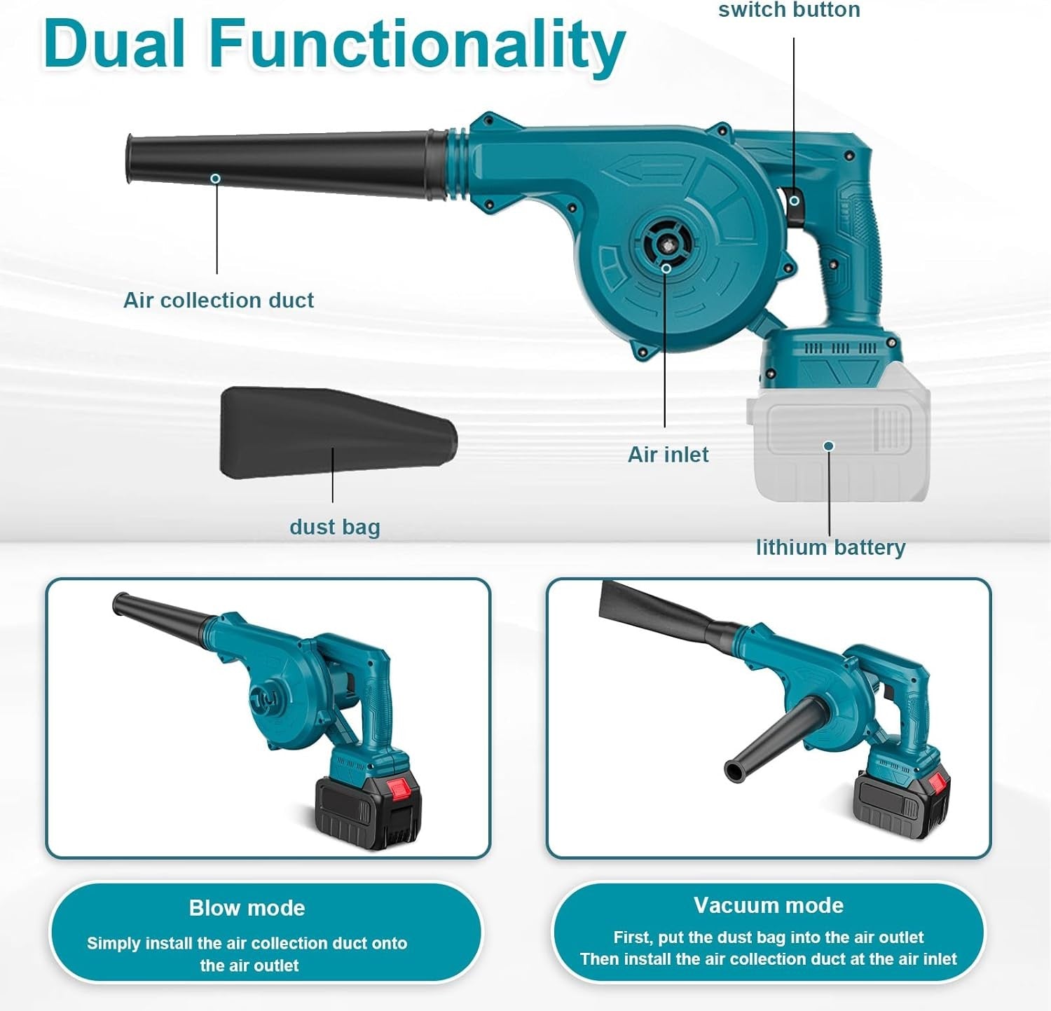 Cordless Leaf Blower Vacuum 2-in-1 18V High Power Airflow Lightweight