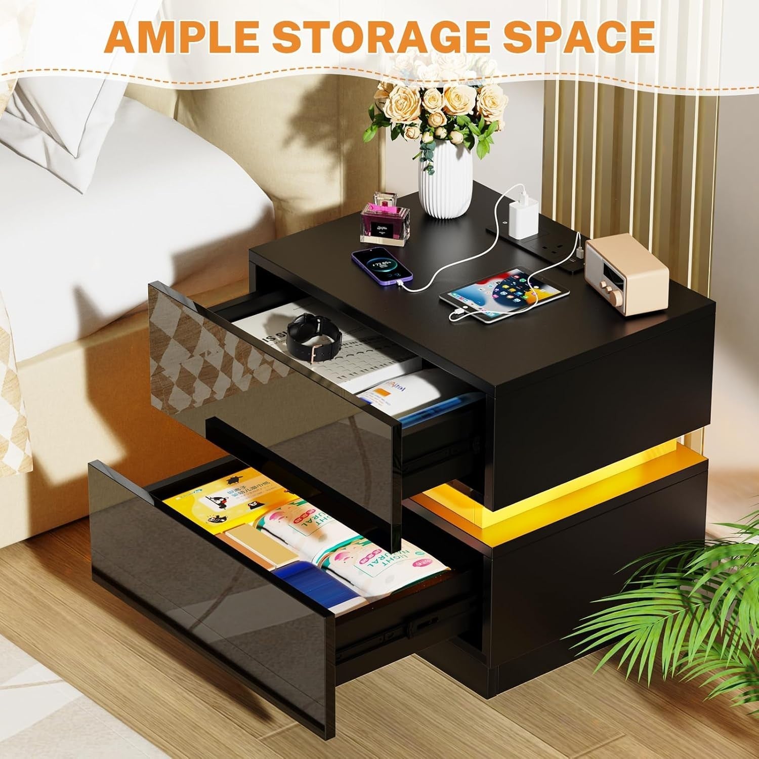 Modern Black LED Bedside Table with USB Charging Ports, Power Socket & 2 Drawers