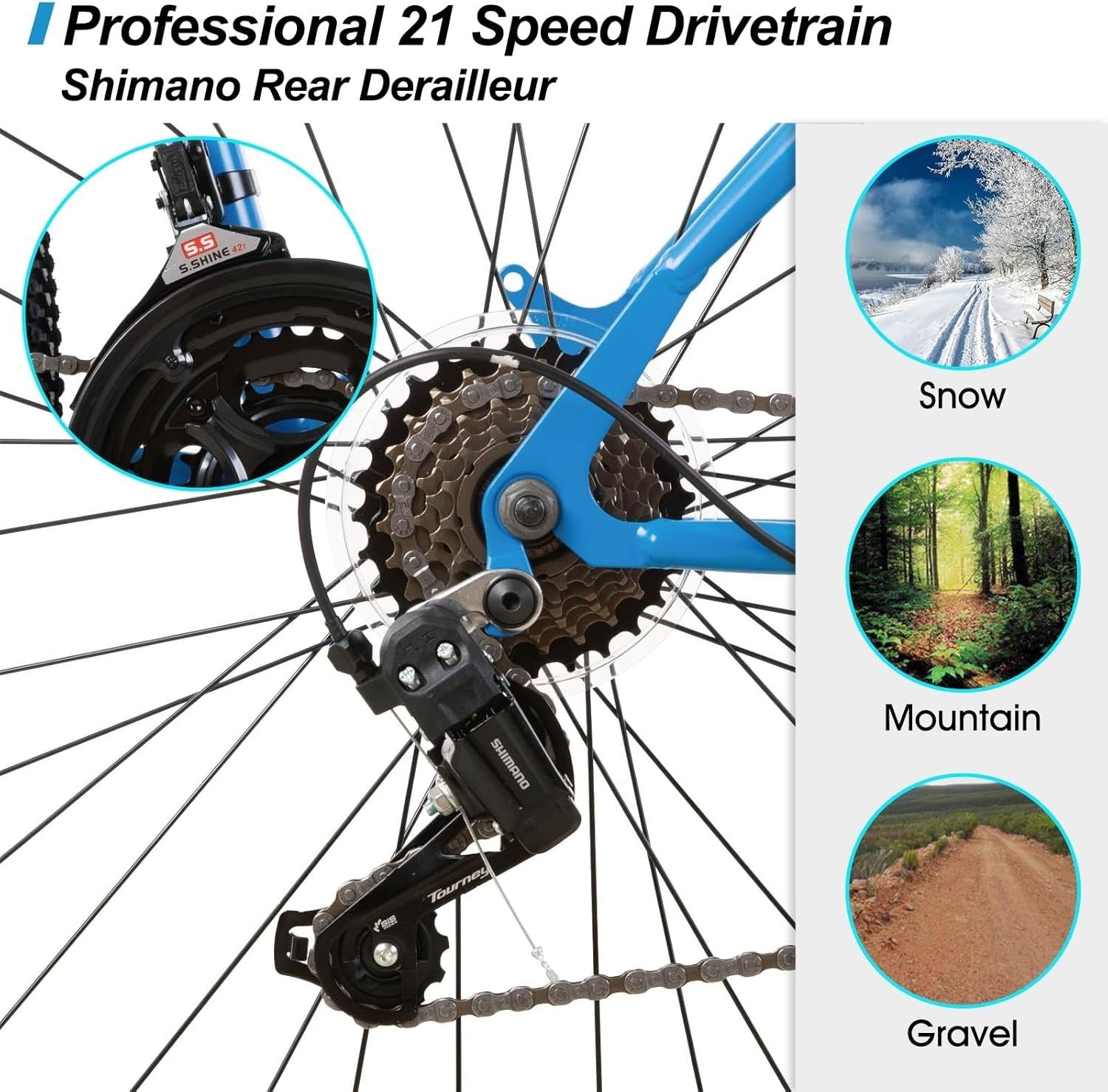 26" Adult Mountain Bike 21 Speed Hardtail MTB V Brake Steel Frame Ride