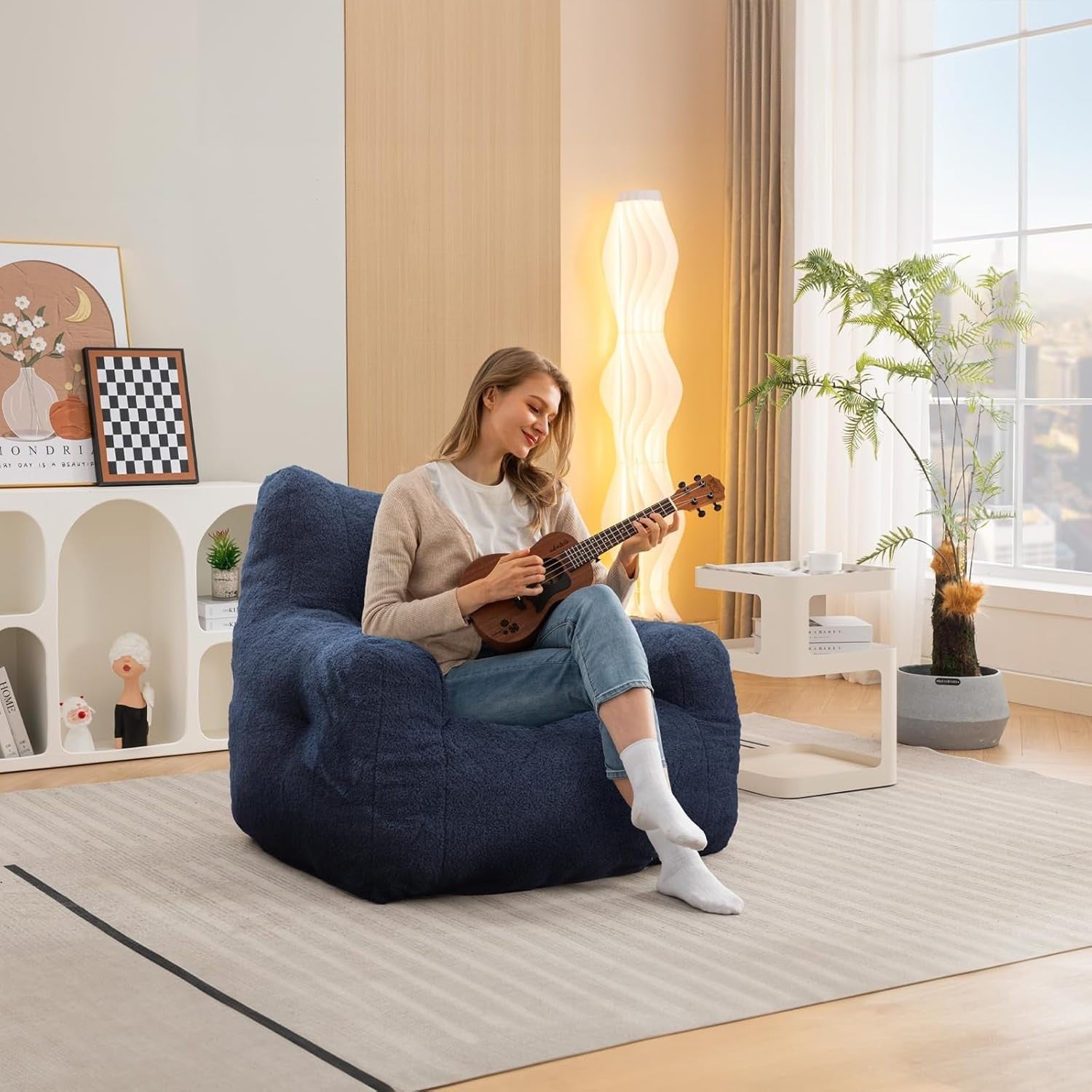 Blue Memory Foam Bean Bag Chair | Large Teddy Sofa Seat for Adults Room