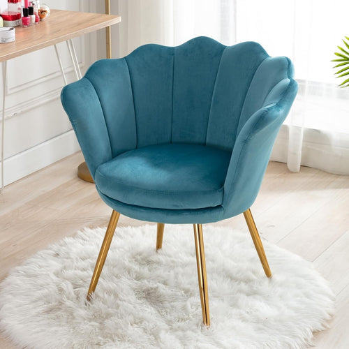 Blue Velvet Lounge Chair Gold Legs | Petal Back Armchair for Bedroom