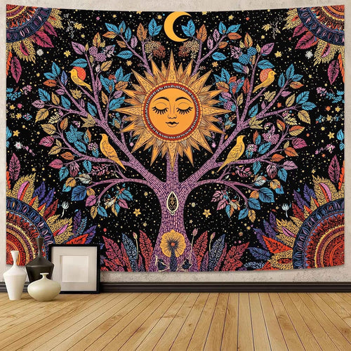 Tree of Life Sun Face & Birds Tapestry Boho 80x60