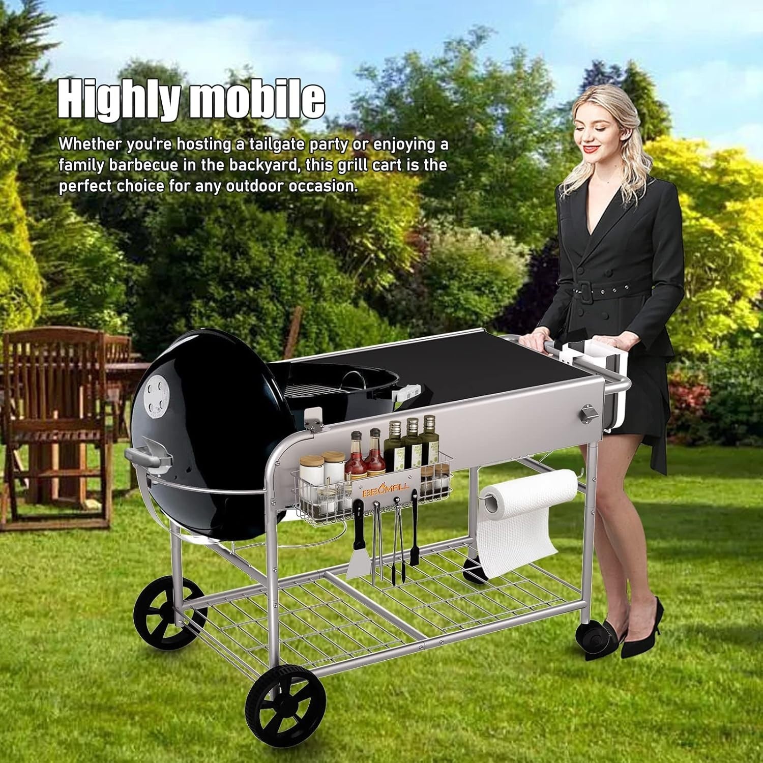 Outdoor BBQ Grill Table Prep Station Cart for Charcoal Kettle Grill with Storage