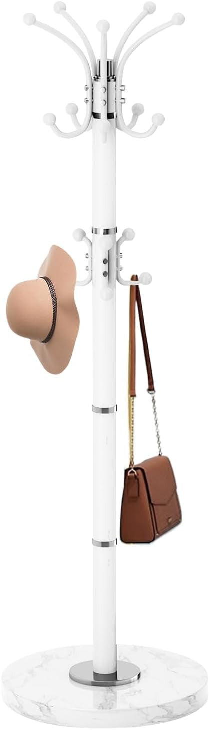 White 360° Rotating Metal Coat Rack Marble Base 16 Hooks Hall Tree Organizer