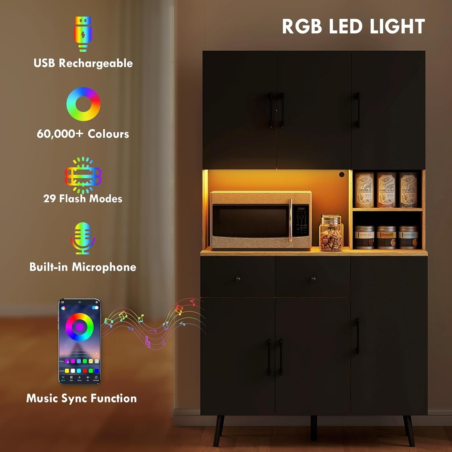 Tall Kitchen Cupboard with LED Lights 6 Door 2 Drawer Storage Cabinet Oak