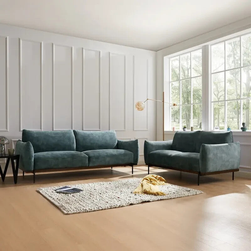Velvet 2 Seater Sofa Petrol Blue | Compact Modern Couch UK | Metal Legs