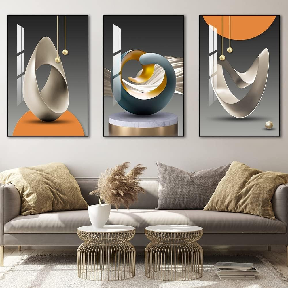 20×28 in 3‑Panel Abstract Blue Yellow Grey Framed Canvas Wall Art
