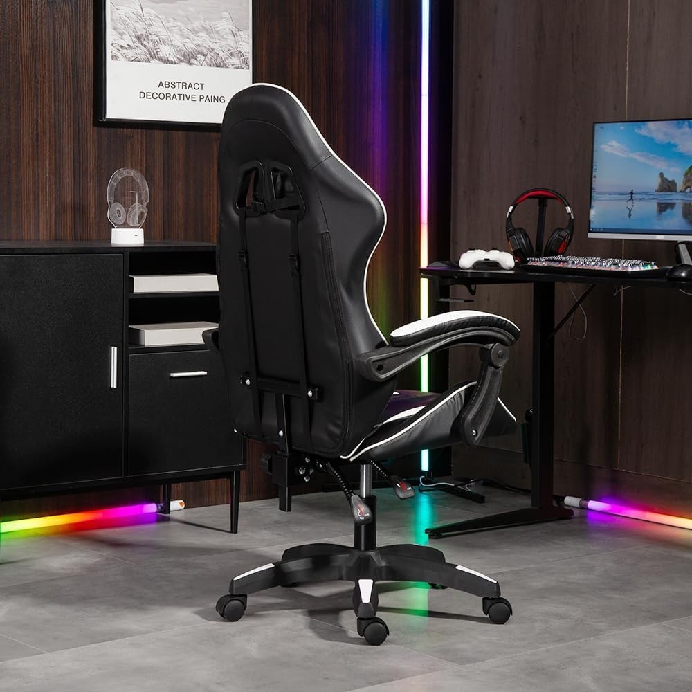 Gaming Chair White Faux Leather Recliner Swivel Ergonomic Lumbar Support New
