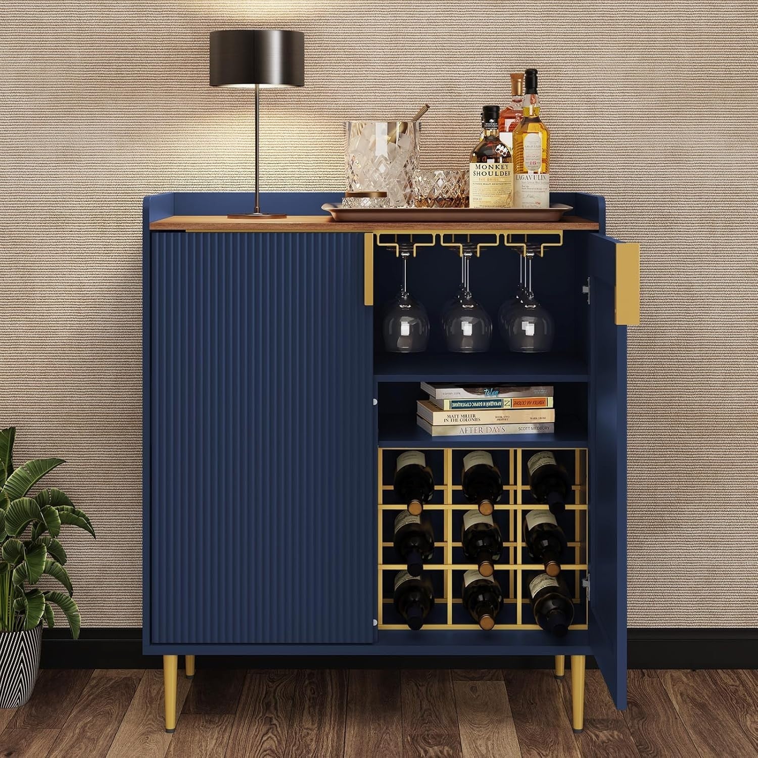 Luxury Blue Drinks Cabinet with Wine Rack & Glass Holders – Modern Bar Sideboard