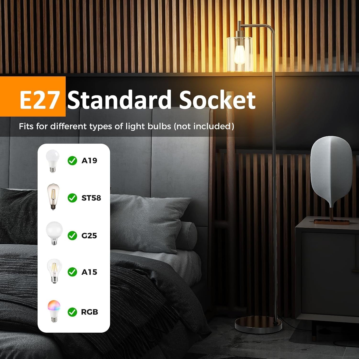 Black Floor Lamp Hanging Glass Shade E27 Modern Standing Reading Light