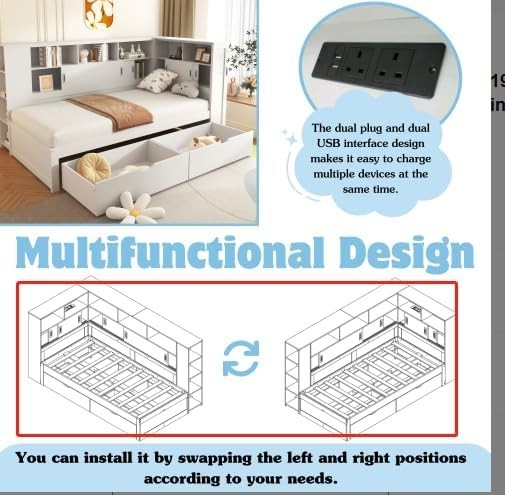 Single Storage Bed with Drawers, Shelves, USB, Bookcase, White 3FT