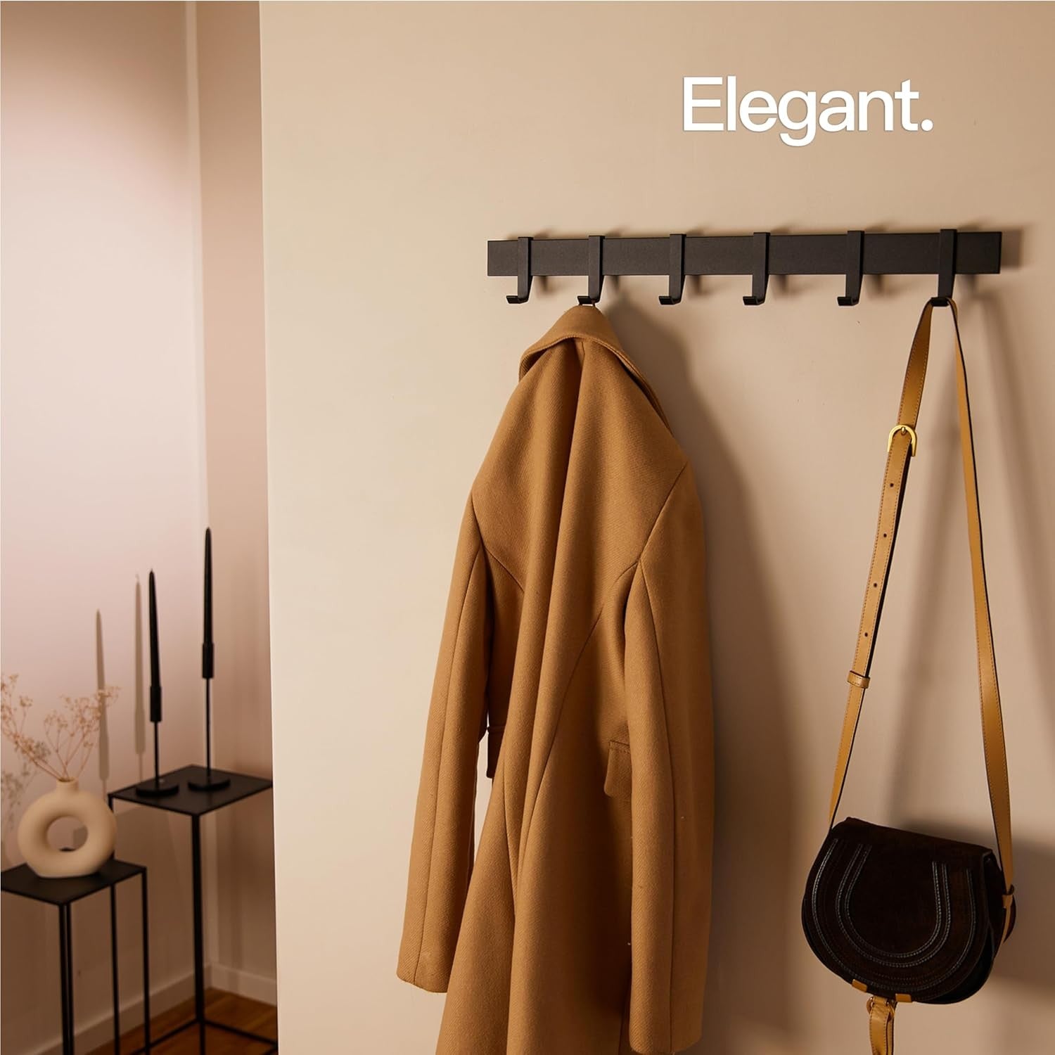 Modern Black Wall Coat Rack 58cm | Metal Rail with 6 Sliding Hooks Matte