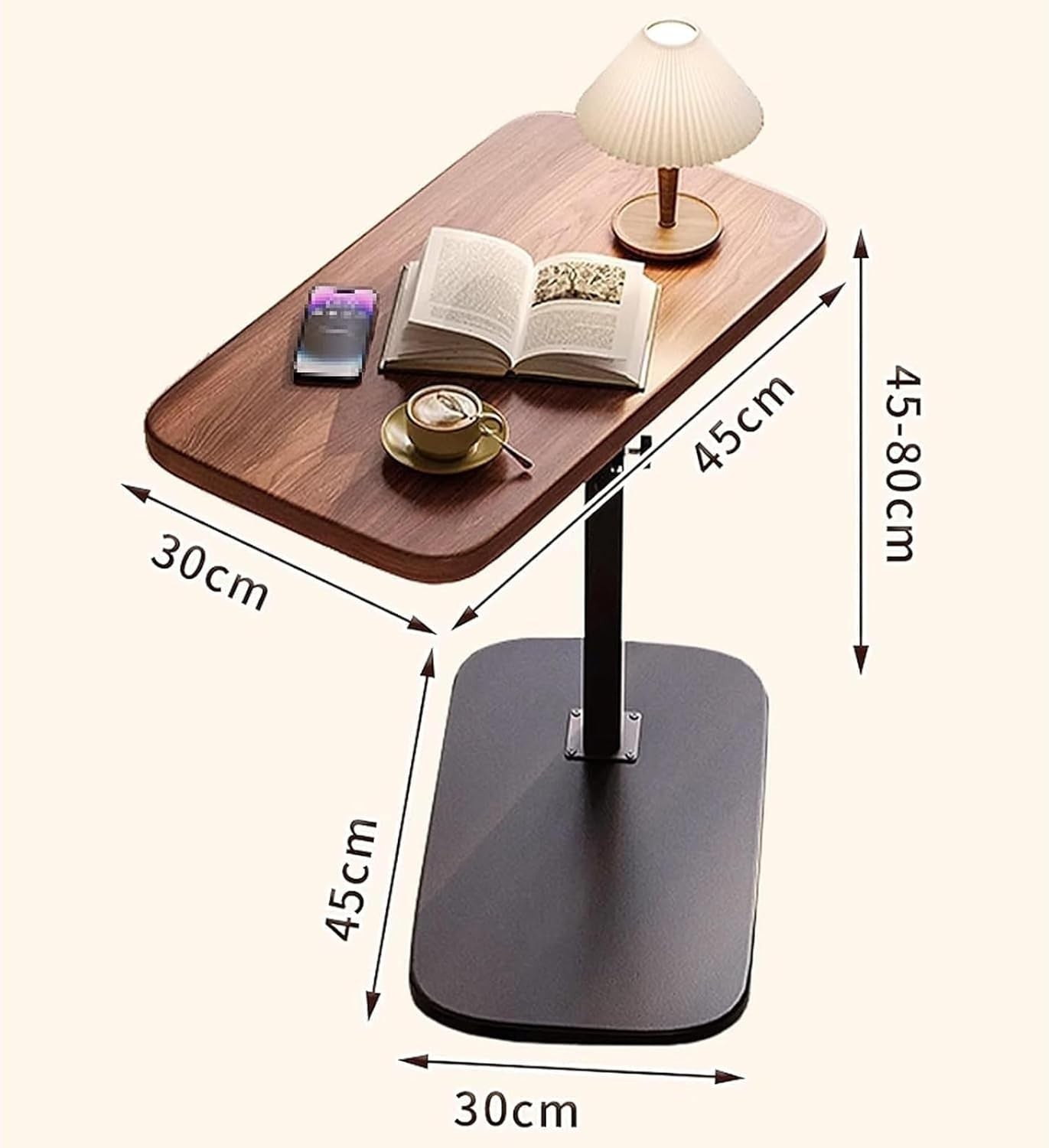 Walnut Lift Top Laptop Side Table Adjustable Height 360° Swivel C Shape