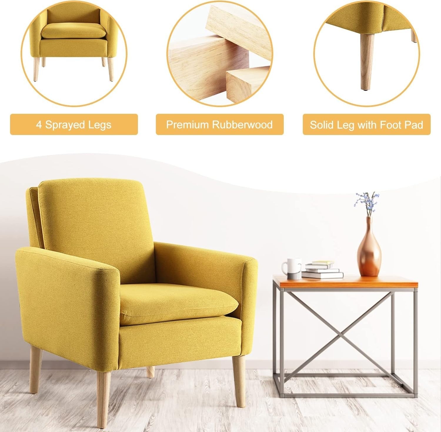Yellow Lounge Armchair Upholstered with Wood Legs for Living Room Bedroom