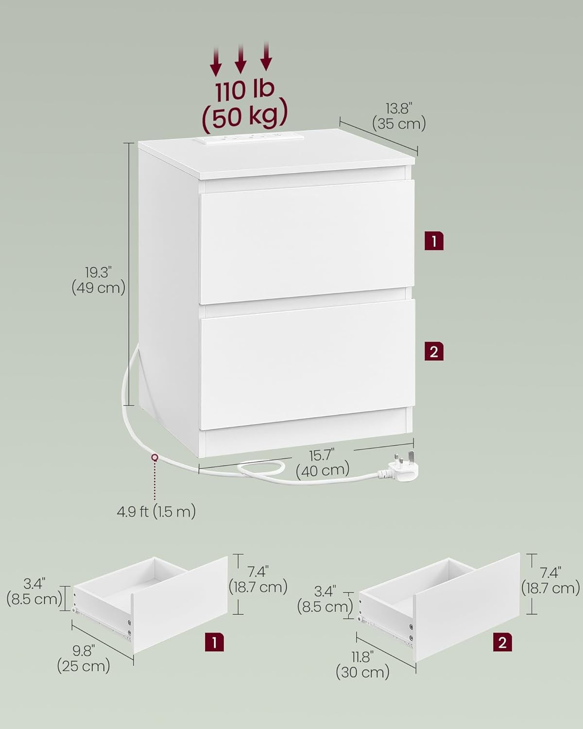 White Bedside Tables Set of 2 with Charging Station & Drawers Modern Nightstands