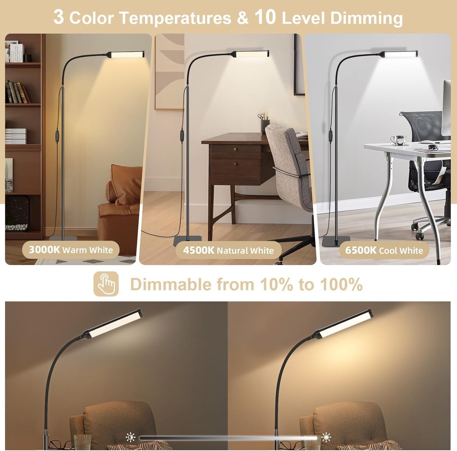 LED Floor Reading Lamp Dimmable Adjustable Black Standing Light for Living Room