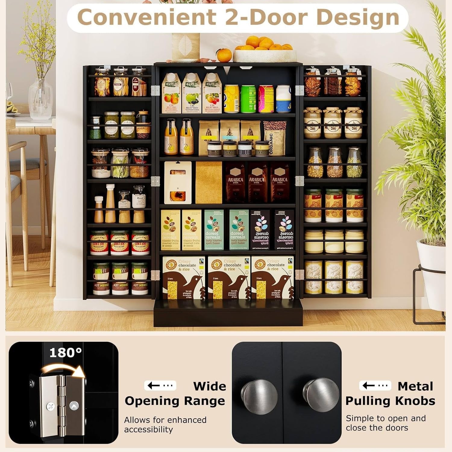 Black 59x30x104cm Kitchen Cupboard Pantry Cabinet Adjustable Shelves