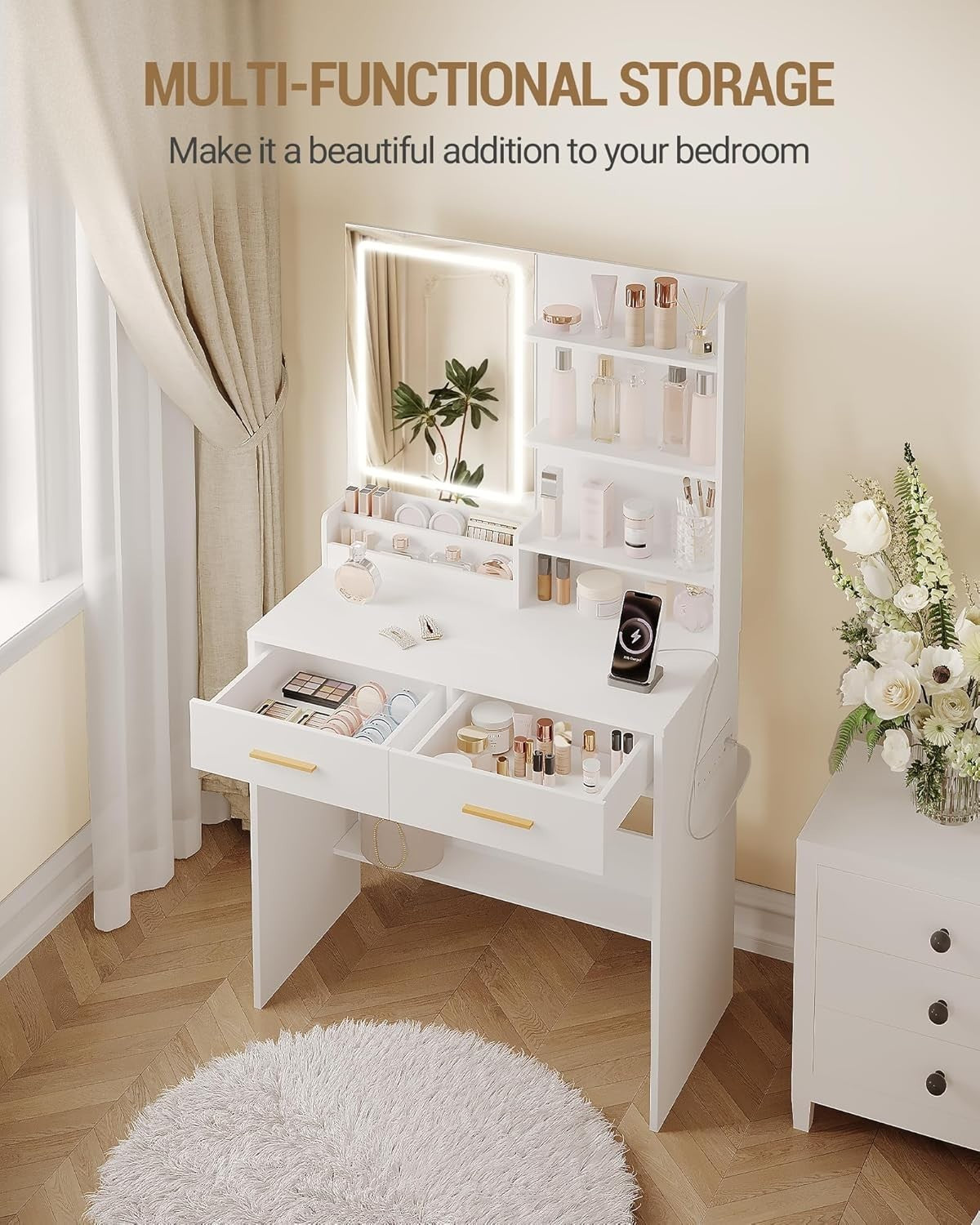 White Vanity Desk with LED Mirror & Charging Station Makeup Table Storage