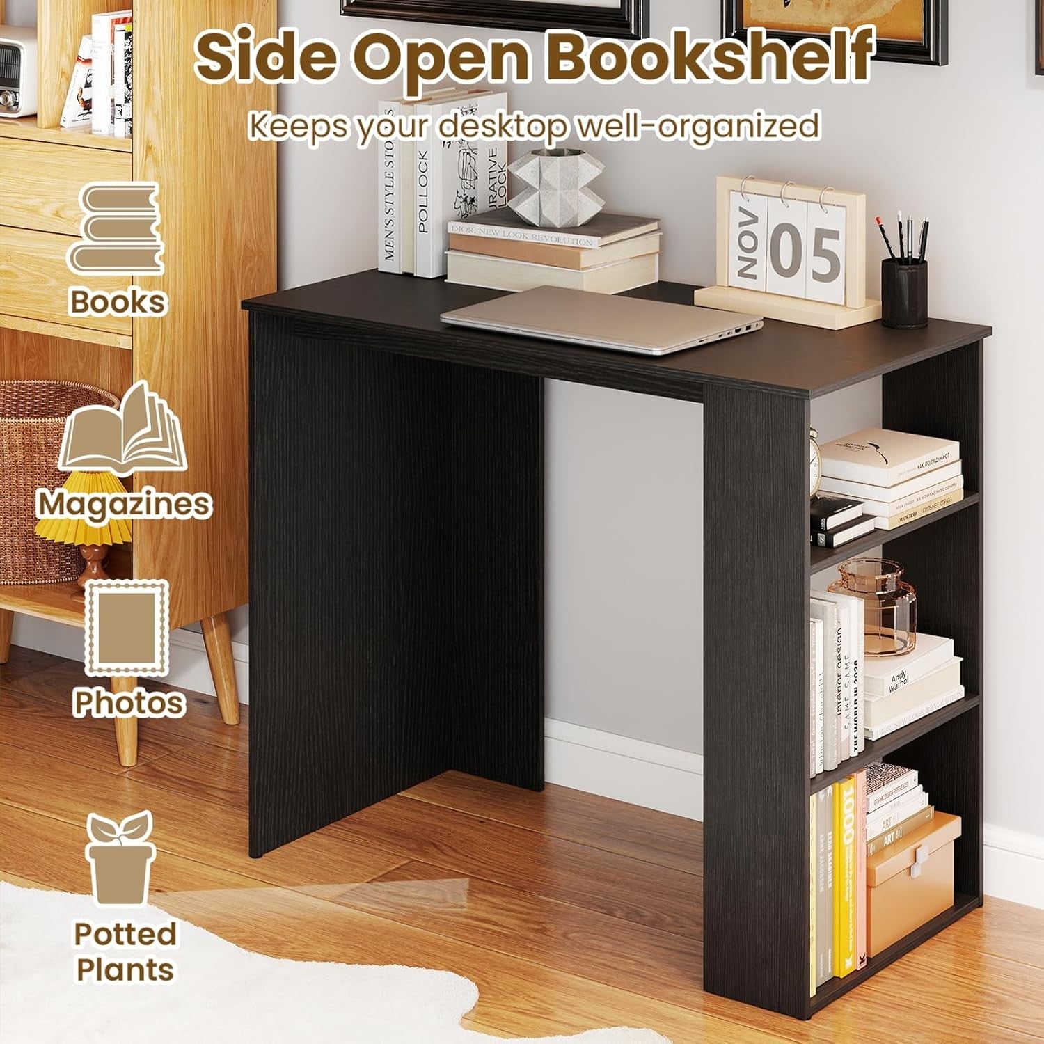 Compact Computer Desk with Bookshelf Small Space Home Office Laptop Table Black