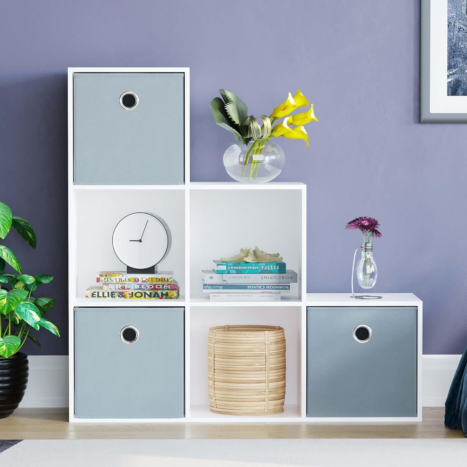 White 6 Cube Staircase Bookcase with 3 Grey Storage Baskets – Modern Unit
