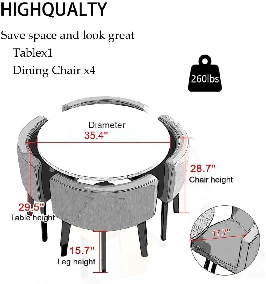 Modern Round Dining Table Set Black 4 Chairs Faux Leather Space Saving Home Set