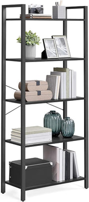 5-Tier Industrial Bookshelf Ebony Black Metal Wood Storage Shelving Unit