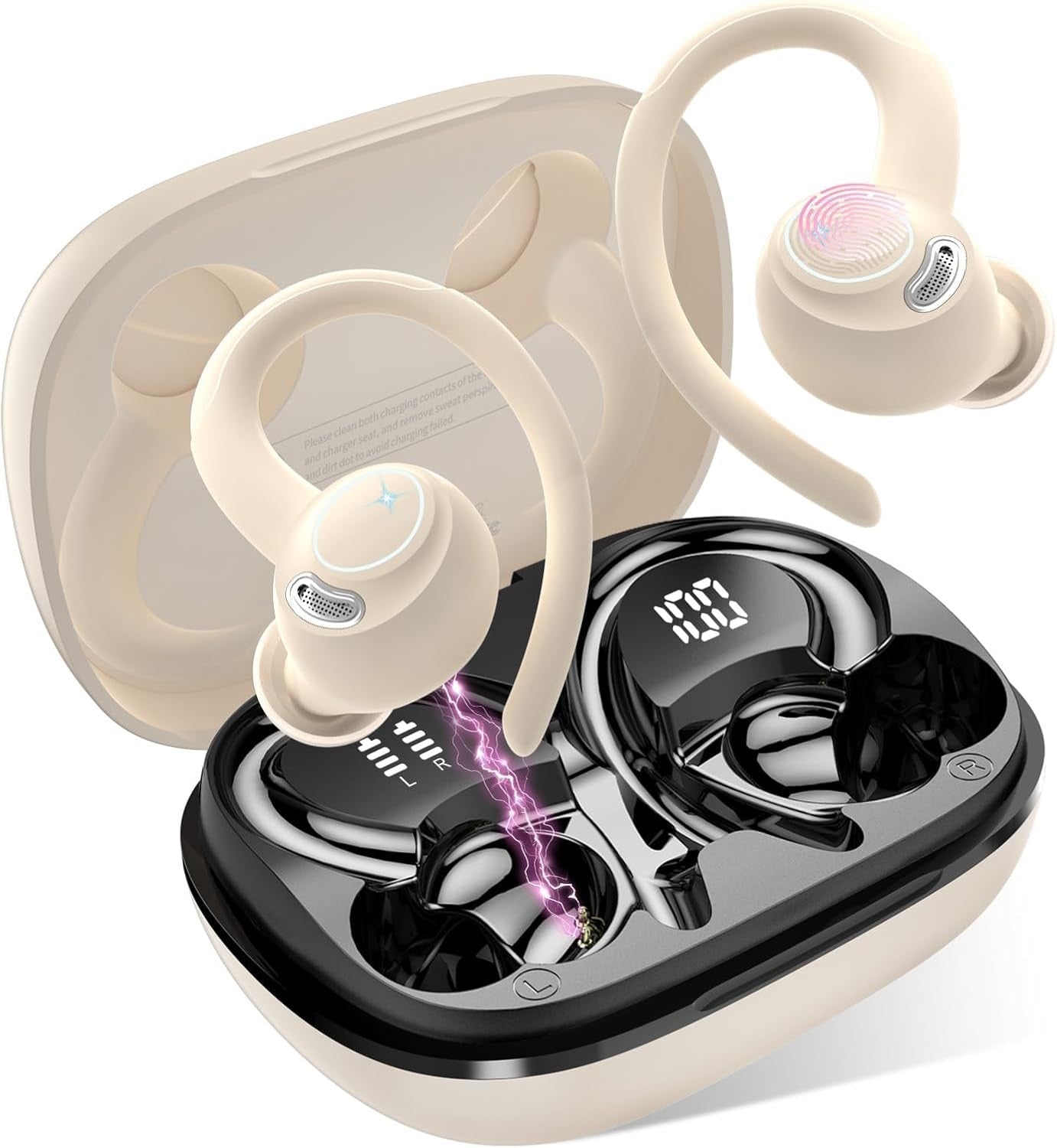 Beige Bluetooth 5.3 Wireless Earbuds 40H Playtime IP7 Sport EarHook