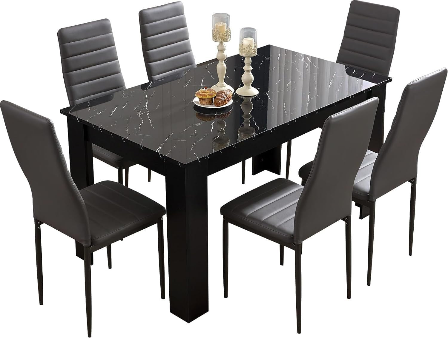 Modern Black Marble Dining Table Set 6 Chairs, 140x80cm, Durable & Stylish