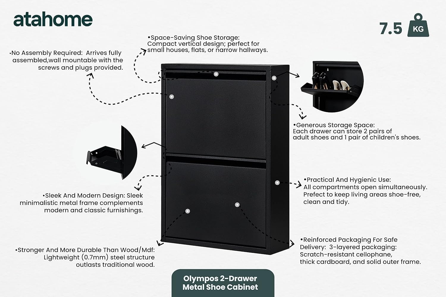 Slim Wall Mounted 2 Drawer Metal Shoe Cabinet Space Saving Organizer Black