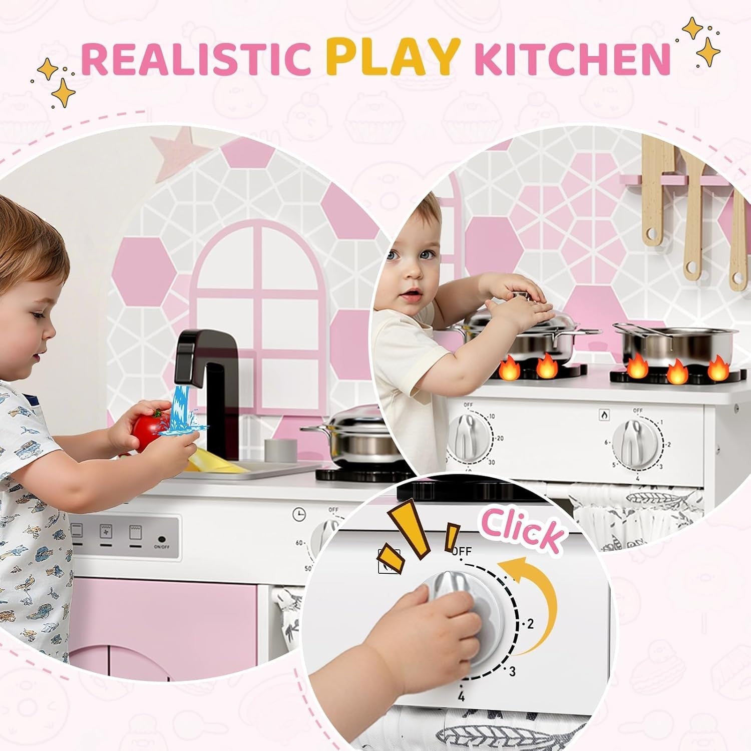 Kids Wooden Play Kitchen w/ Real Sound Stove Pink Toy Set