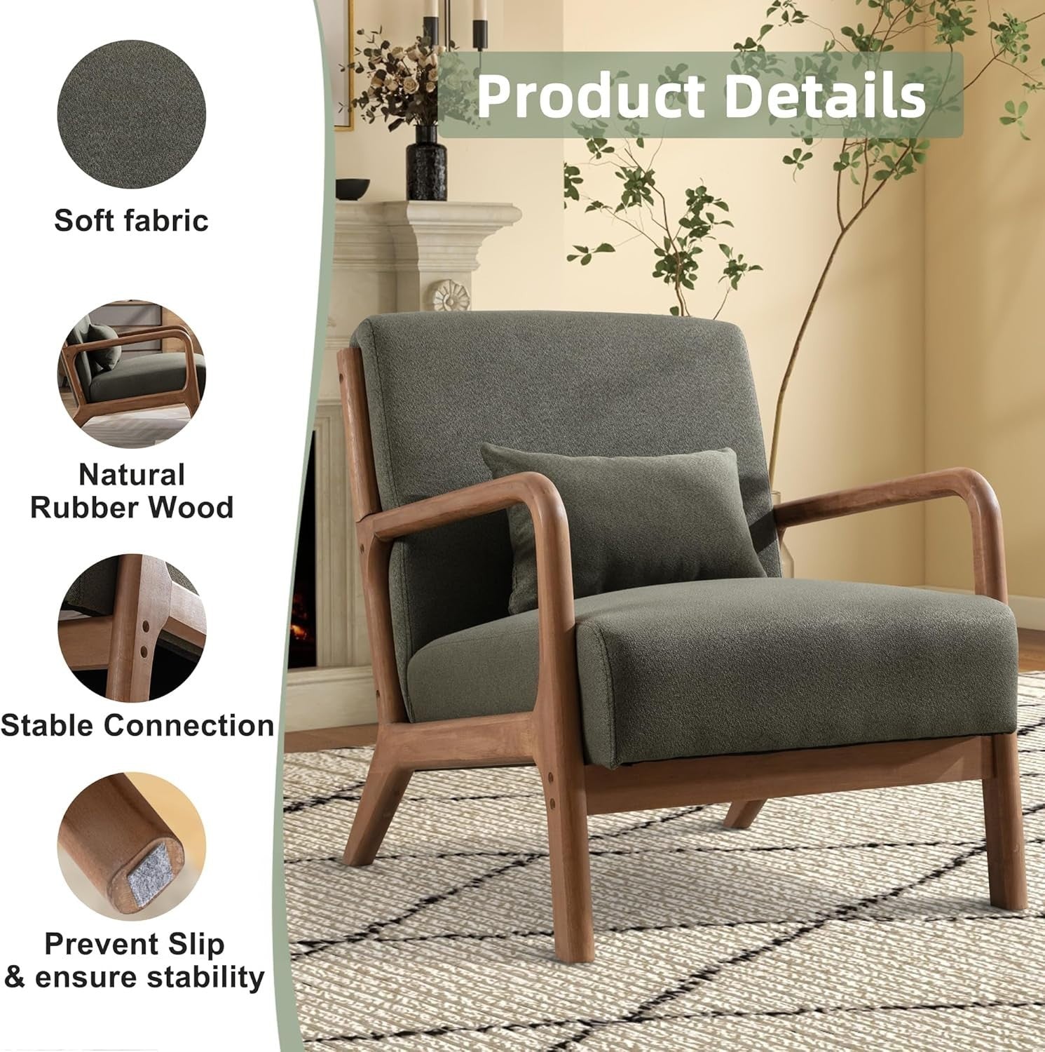 Modern Green Armchair – High Back Lounge Chair with Wood Frame & Cushion
