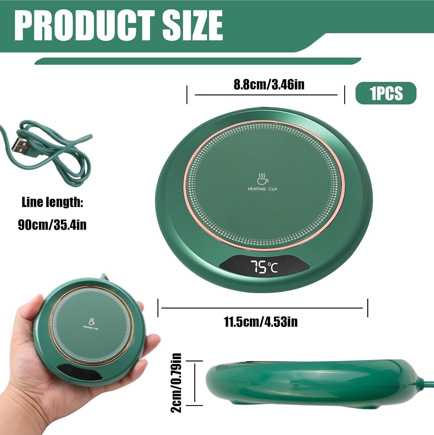Green USB Coffee Mug Warmer 3 Temp 8H Auto Off Heated Desk Plate