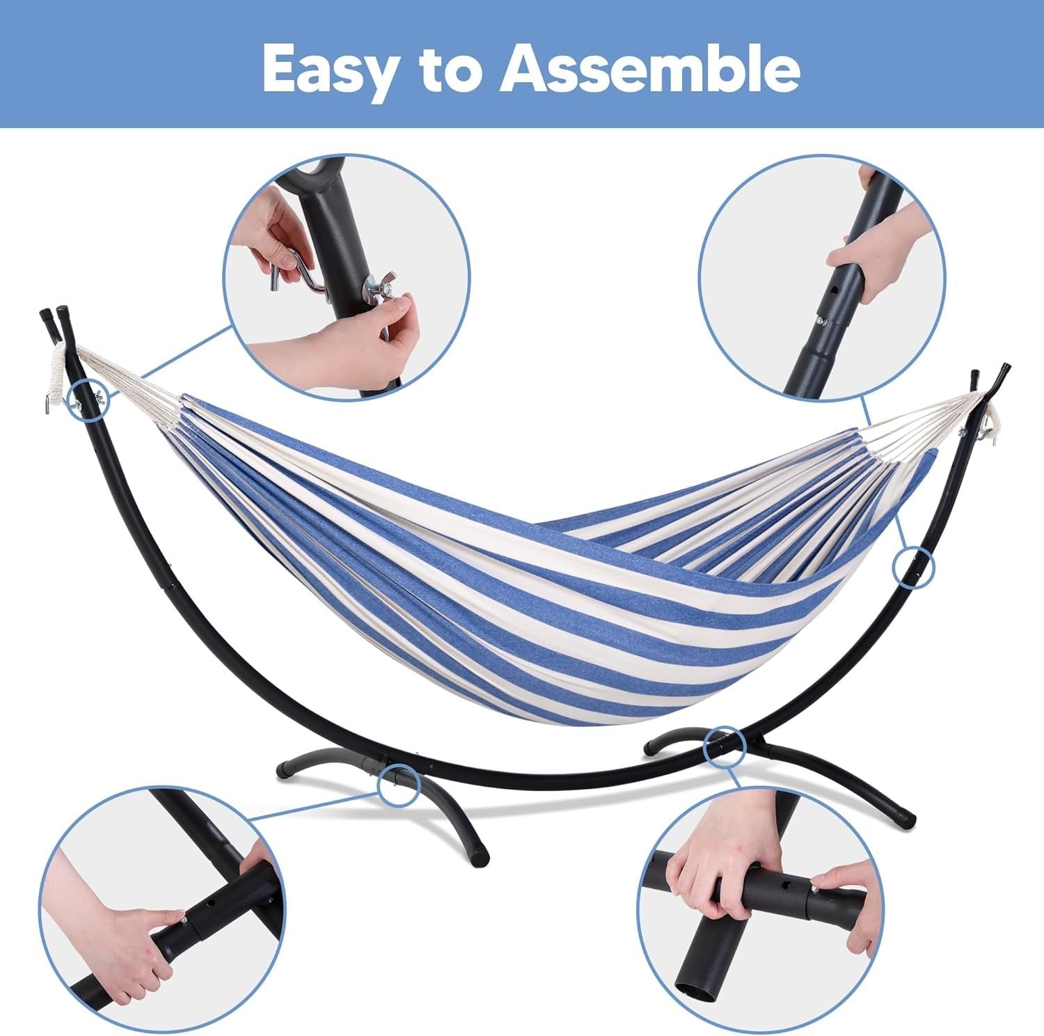 Blue White Hammock with Stand | 2-3 Person 475lb Capacity | Portable Patio Bed
