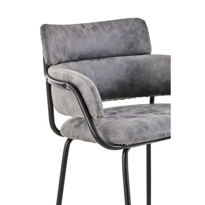Grey Faux Leather Bar Stool – Armrest Seat, Metal Legs, Modern Style